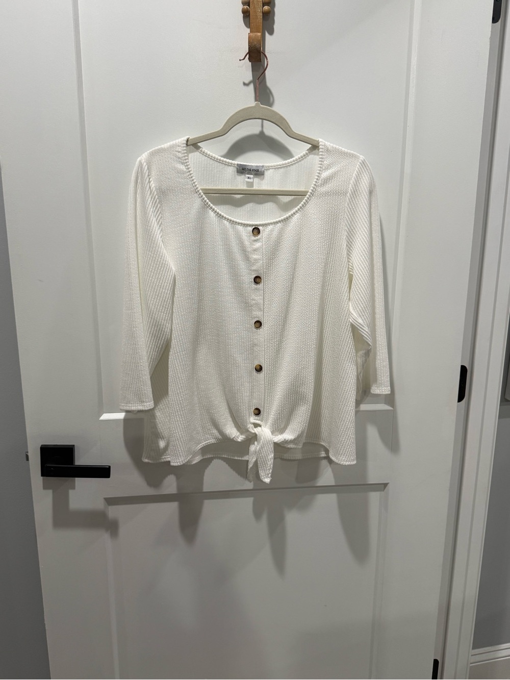 Set The Stage Women's White Waffle Knit Button-Up Tie-Front Top